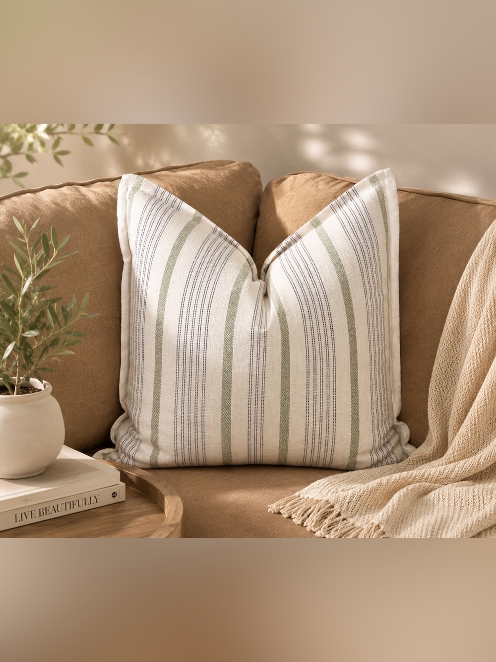 Neutral Striped Throw Pillow 20x20, Farmhouse Cottage Coastal Decor